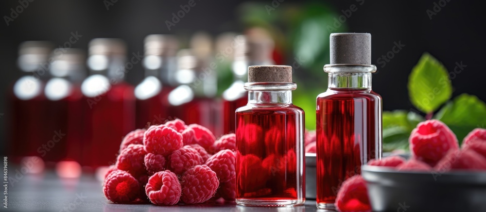 Poster a grey table showcasing bottles of raspberry oil for cosmetics with a background that provides ample