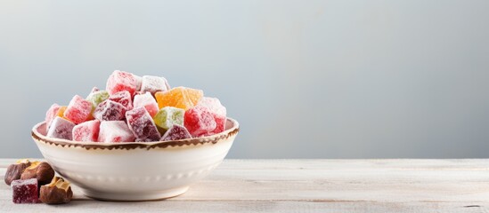A bowl filled with delicious Turkish delight is beautifully arranged on a light colored background creating a visually appealing copy space image