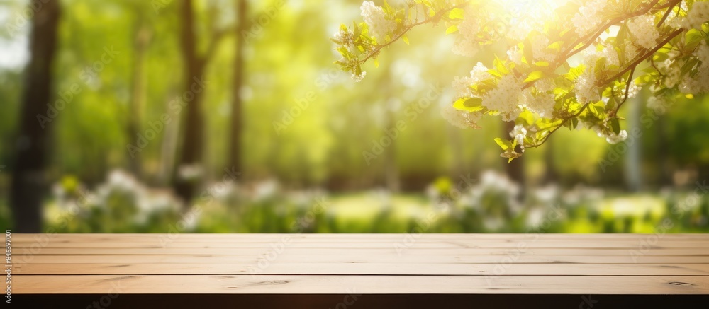 Poster a spring or summer season scene with a blurred background of trees covered in a wooden perspective a