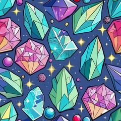 Seamless pattern of sparkling rock candies with iridescent crystals and glitter, Generative AI