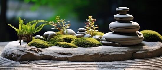 A mini zen garden is a small space containing elements and arrangements that promote peace and tranquility often used for meditation or relaxation. copy space available
