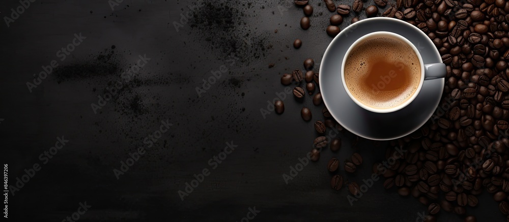Poster a top down view of ground coffee displayed on a black ceramic table with plenty of blank space for a