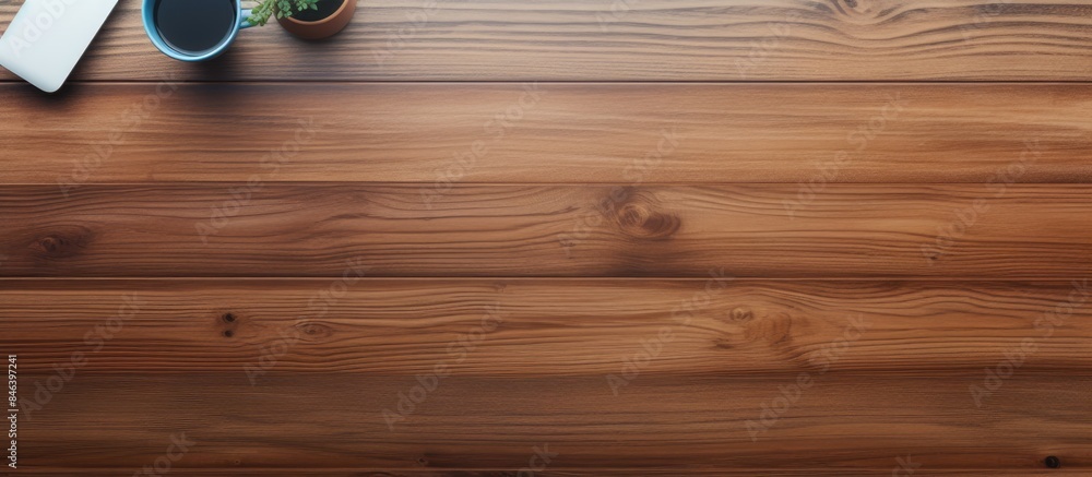 Poster a copy space image showcasing a bird s eye view of a desk equipped with a smart phone earphones and 