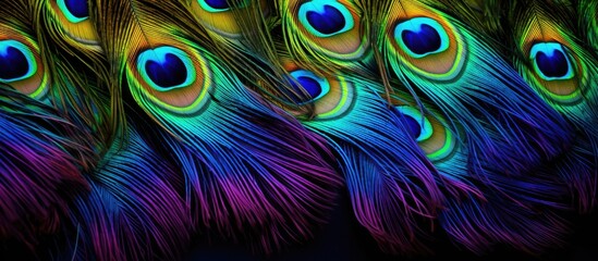 A vibrant display of colorful peacock feathers seen in a copy space image