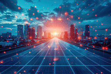 A cityscape with a bright orange sun in the sky. The sun is surrounded by a network of lights that resemble a web