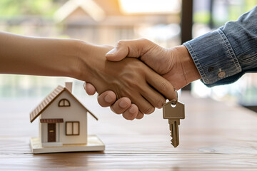 House sell and buy transaction concept, featuring a handshake between seller and buyer, symbolizing the agreement with a miniature house and key on the desk