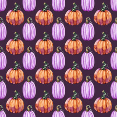 Halloween watercolor seamless pattern, autumn holiday, orange and violet pumpkins, hand drawing design, fall wrapping paper, happy halloween textile design