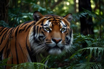 Fototapeta premium Capture Bengal tigers prowling through lush jungle foliage, their striking stripes and intense eyes evoking raw, majestic power