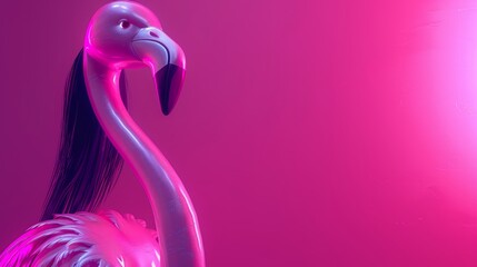 Fototapeta premium A pink flamingo before a pink backdrop, lit from above, sporting an uncharacteristic long black feather protruding from its head