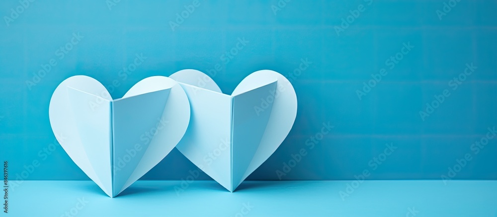 Poster a pair of paper hearts resting on a serene blue backdrop providing ample room for additional content