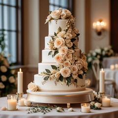 A beautifully decorated wedding cake with floral accents