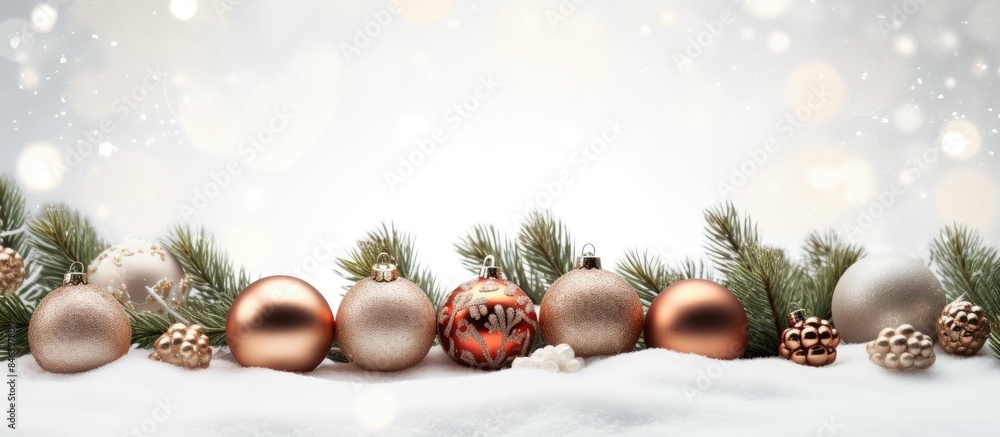 Poster a festive christmas border adorned with tree branches balls and a bokeh texture against a white back