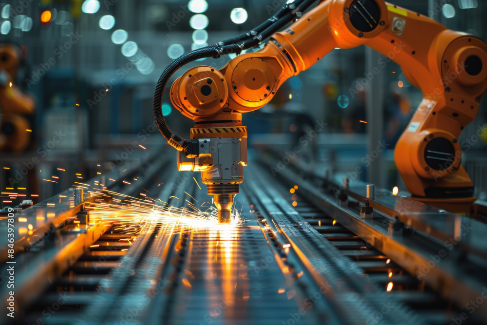 Poster a robot is working on a piece of metal, creating sparks and heat. the scene is industrial and mechan