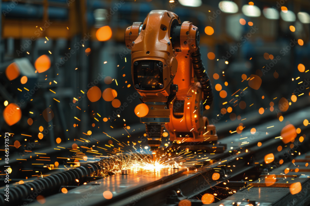 Poster a robot is working in a factory with sparks flying around it. the robot is orange and he is a machin