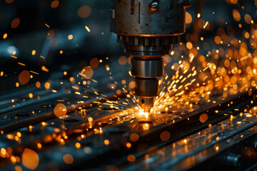 A machine is cutting through metal, creating sparks and a sense of danger. Concept of industrial work and the potential hazards that come with it