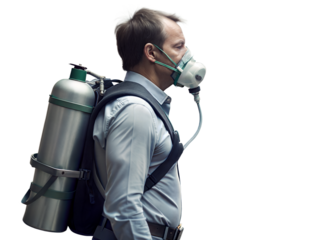A middle-aged man is wearing a respirator with a hose connected to an oxygen tank that he is carrying on his back. against a transparent backdrop.