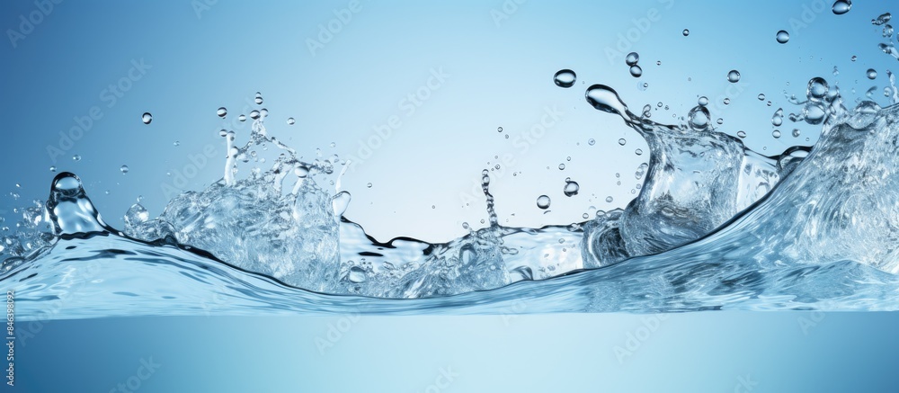 Poster a refreshing blue background with a transparent pure water splash and ice cubes creating a captivati
