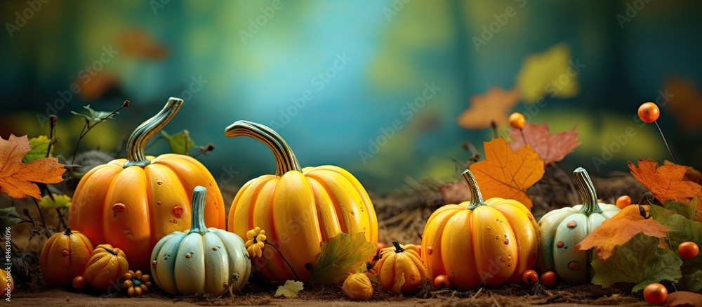 Poster an autumn themed composition featuring ripe pumpkins and natural forest decorations set against a co