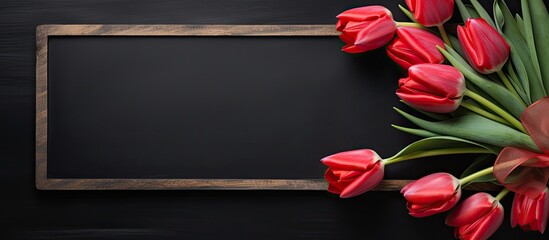 A black chalkboard with no content is adorned with vibrant red tulips and decorative ribbons offering ample space for writing or displaying images