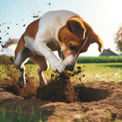 豪快に地面を掘るビーグル[GenerativeAI]