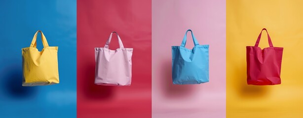 4 different colored tote bags on a plain background, product photography in bright colors against a solid color background