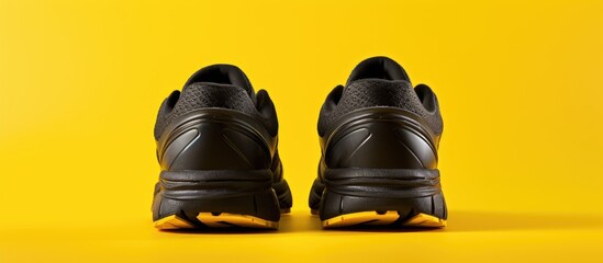 A close up view from the back of a pair of black athletic shoes against a yellow background with empty space for an image. copy space available