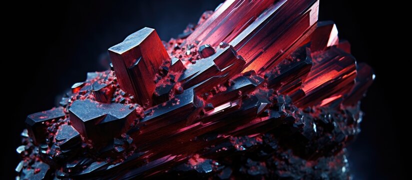 A copy space image of wolframite an iron manganese tungsten mineral ore with a monoclinic crystal structure isolated on a black background