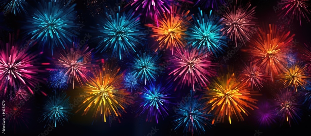 Poster a vibrant display of multicolored starburst fireworks illuminating a black backdrop with ample space