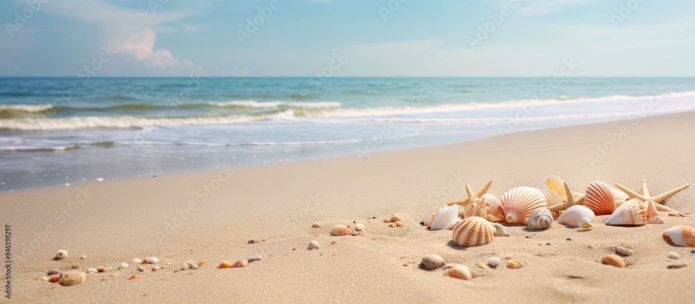 Poster a serene beach scene with seashells scattered across the sandy shore creating a perfect summer setti