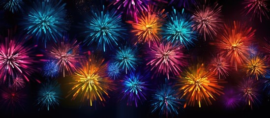 A vibrant display of multicolored starburst fireworks illuminating a black backdrop with ample space for written content