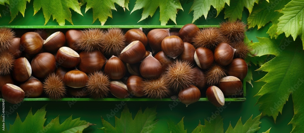 Aufkleber autumn themed photo frame made of fresh sweet chestnuts arranged in a rectangular shape sitting on a