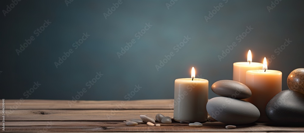 Poster a serene scene with flickering candles spa stones and a wooden background creating the perfect copy 
