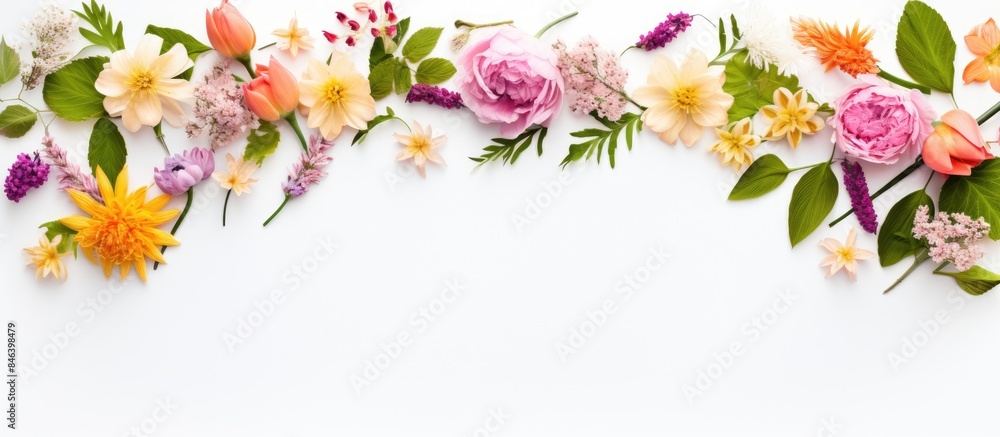 Poster a top down view of a spring themed floral frame against a plain white background providing ample cop