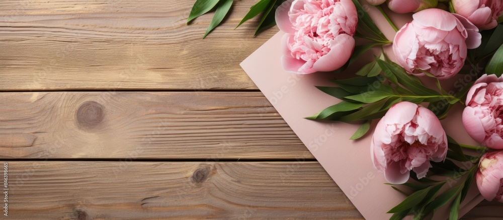 Aufkleber a flat lay image featuring peonies on a wooden background creating a textured backdrop for a photo t