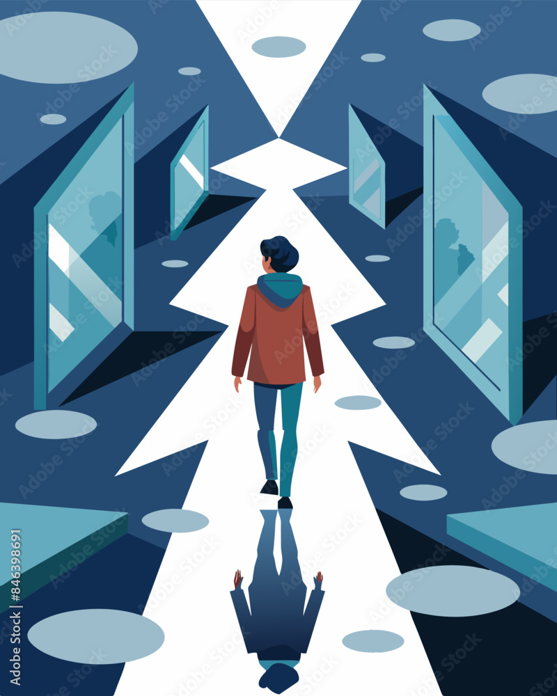 Poster walking through a maze of mirrors the person sees their own reflection surrounded by endless version