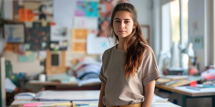 A young woman stands in her creative studio surrounded by art materials and sketches, appearing focused and inspired, with a vibrant and artistic atmosphere.