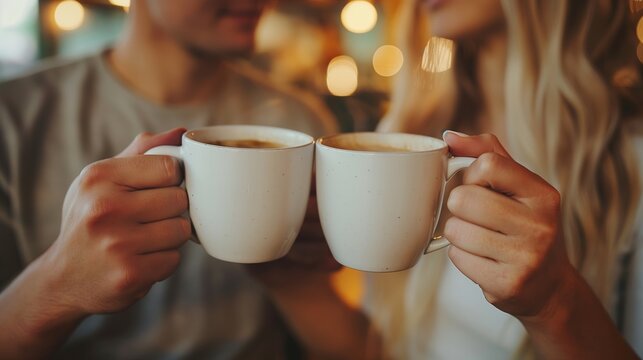 Amidst the warm ambiance of a cozy café, two people share a tender moment, clinking their coffee mugs together in a silent toast to companionship and the joys of life