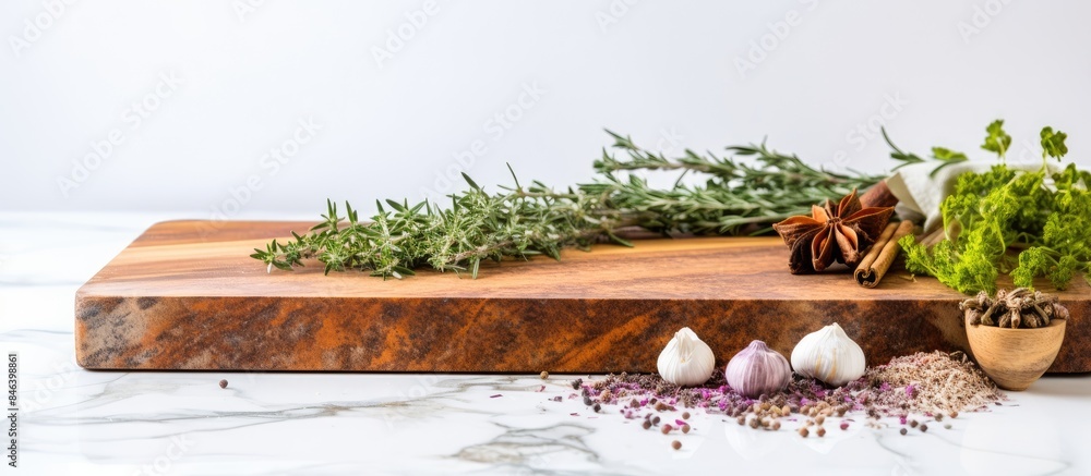 Poster a side view of a wooden cutting board with edges placed on a white marble background thyme and spice