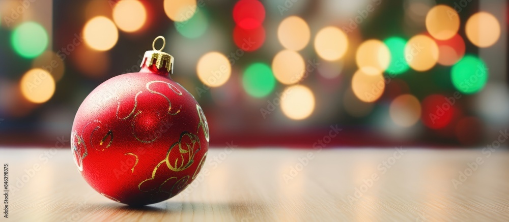 Poster a green christmas tree toy adorns a white glossy table against a backdrop of soft blurry red and mul