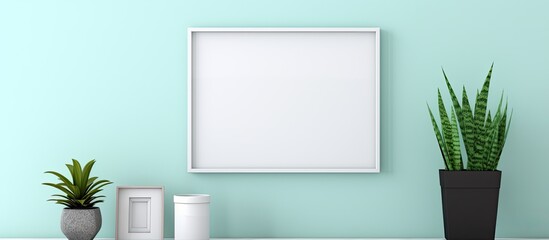 A modernly decorated room featuring a mockup of a picture frame The pastel turquoise wall is complemented by a white shelf and a potted snake plant The image offers space for customization