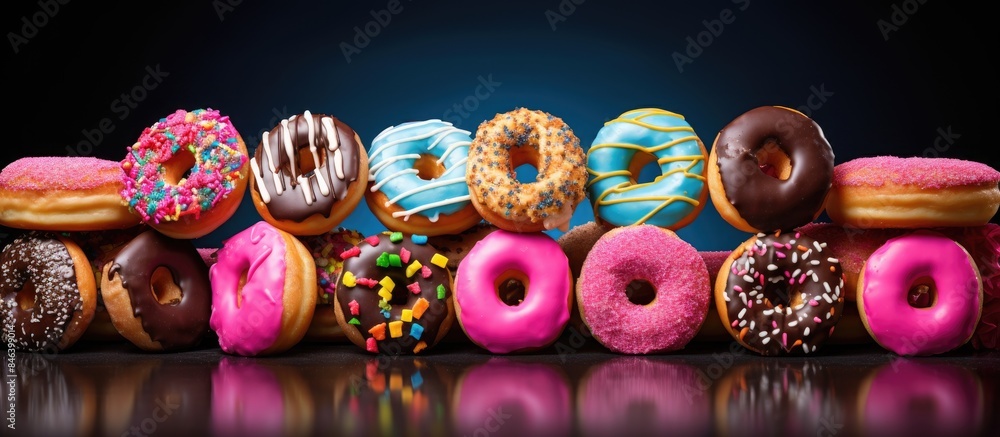 Poster a vibrant display of sugary donuts arranged on a rich chocolatey backdrop with ample copy space imag