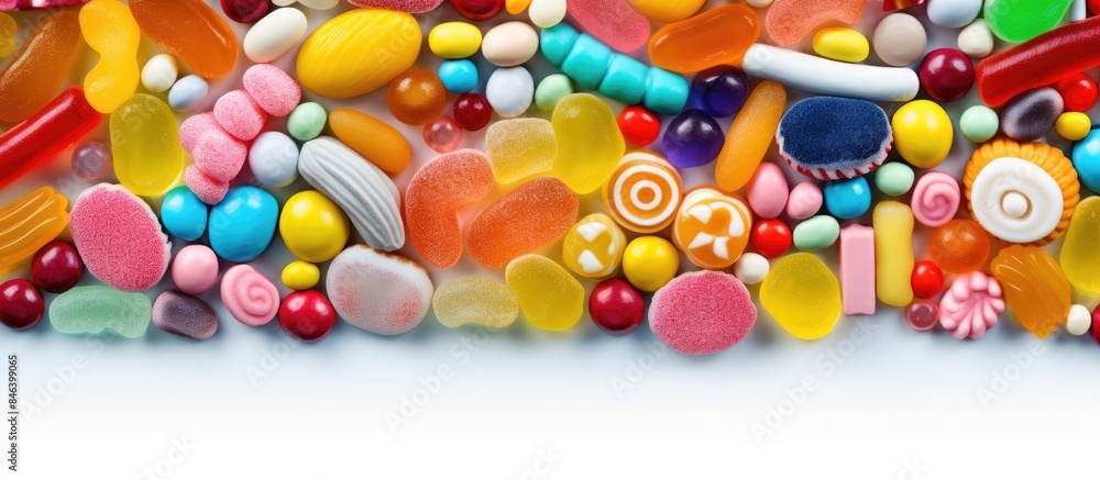 Poster a mixture of colorful candies in various shapes and sizes the image has plenty of copy space availab