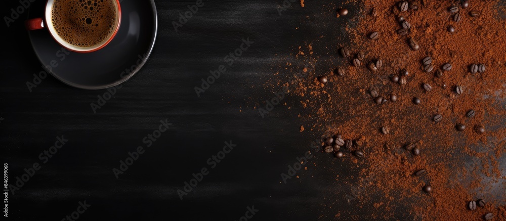 Poster a top down view of ground coffee displayed on a black ceramic table with plenty of blank space for a