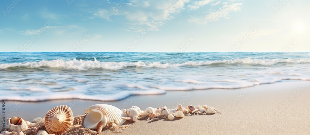 Poster a serene beach scene with seashells scattered across the sandy shore creating a perfect summer setti