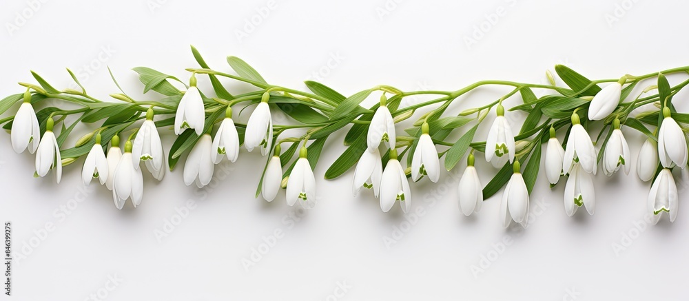 Poster a lovely top down view of snowdrops against a pristine white backdrop perfect for incorporating text