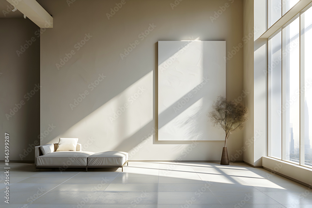 Poster empty room with couch and large windows. generative-ai