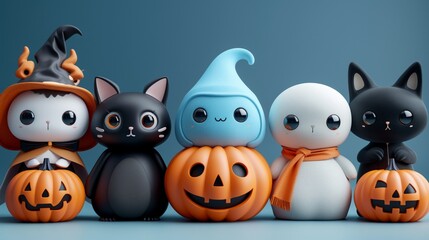 Obraz premium A group of adorable Halloween cartoon characters, including a smiling pumpkin, a friendly ghost, and a cute black cat, posing together against a white isolated background
