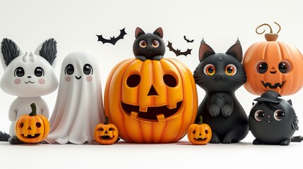 Obraz premium A group of adorable Halloween cartoon characters, including a smiling pumpkin, a friendly ghost, and a cute black cat, posing together against a white isolated background