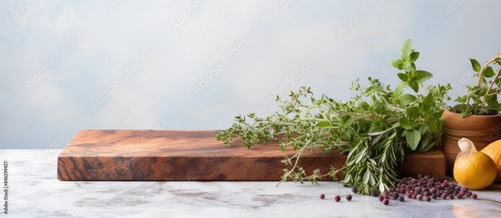Poster a side view of a wooden cutting board with edges placed on a white marble background thyme and spice