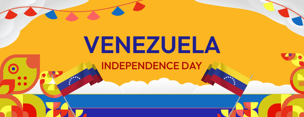 Venezuela Independence Day banner in modern geometric style. Wide banner with typography and also country flag. Background for national holiday celebration party. Happy Venezuela Independence Day